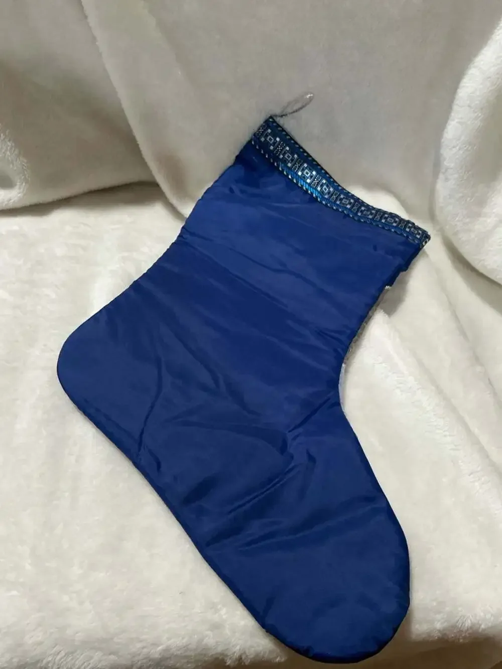 Handmade Blue  & White Winter Landscape Christmas Stocking with Village and Tree